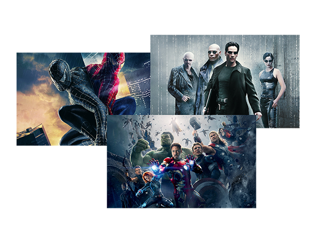 Layout movie poster with The Matrix, Avenagers and The Spiderman between two spiderman on the window side as mirror opposite bad spiderman